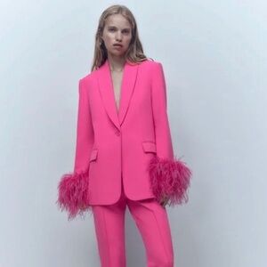 Zara Straight Cut Feather Blazer in Pink – Size Small